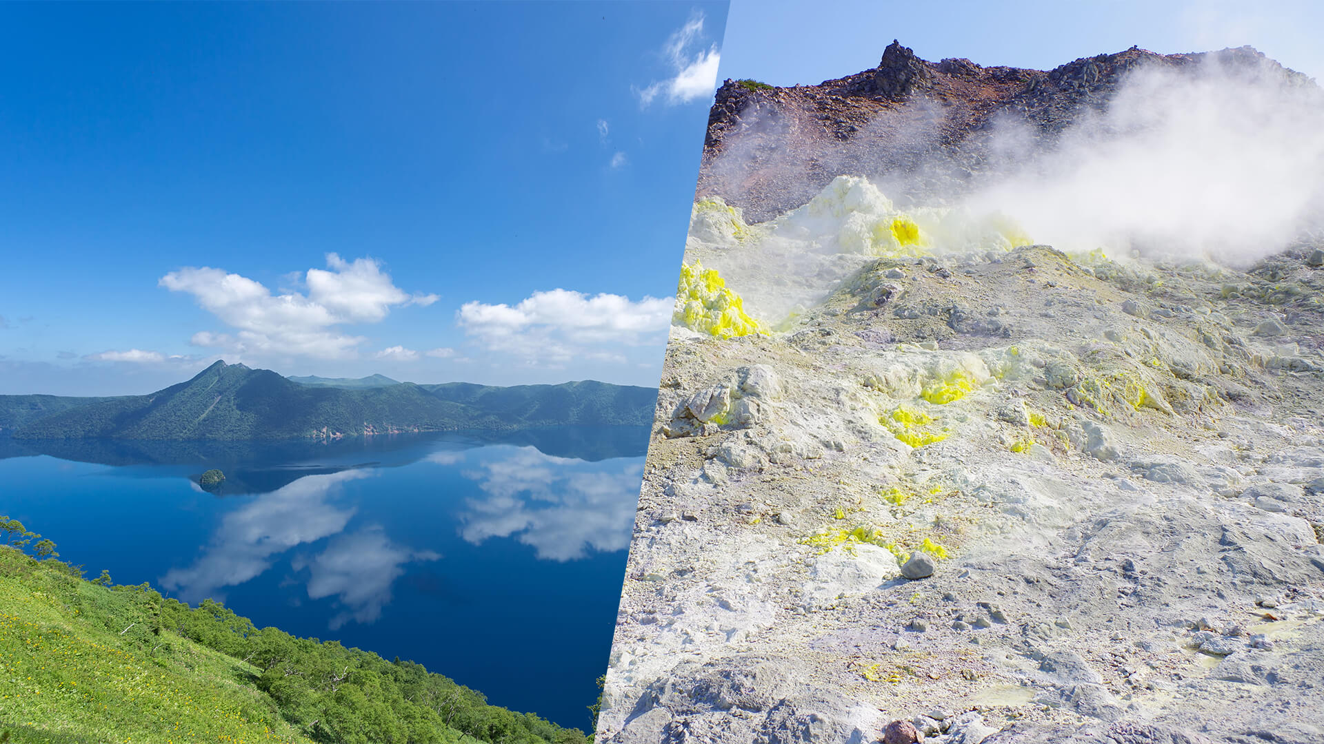 摩周湖と硫黄山の風景写真